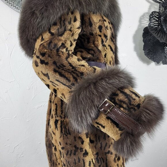 MITCHIE'S~M/L~BROWN GENUINE FOX FUR REAL RABBIT LEOPARD ANIMAL PRINT HOODED COAT - Picture 8 of 16